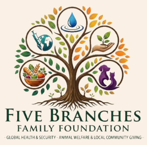 Five Branches Family Foundation — a tree whose branches cradle emblems of global health, clean water, animal welfare, nourishment, and community.